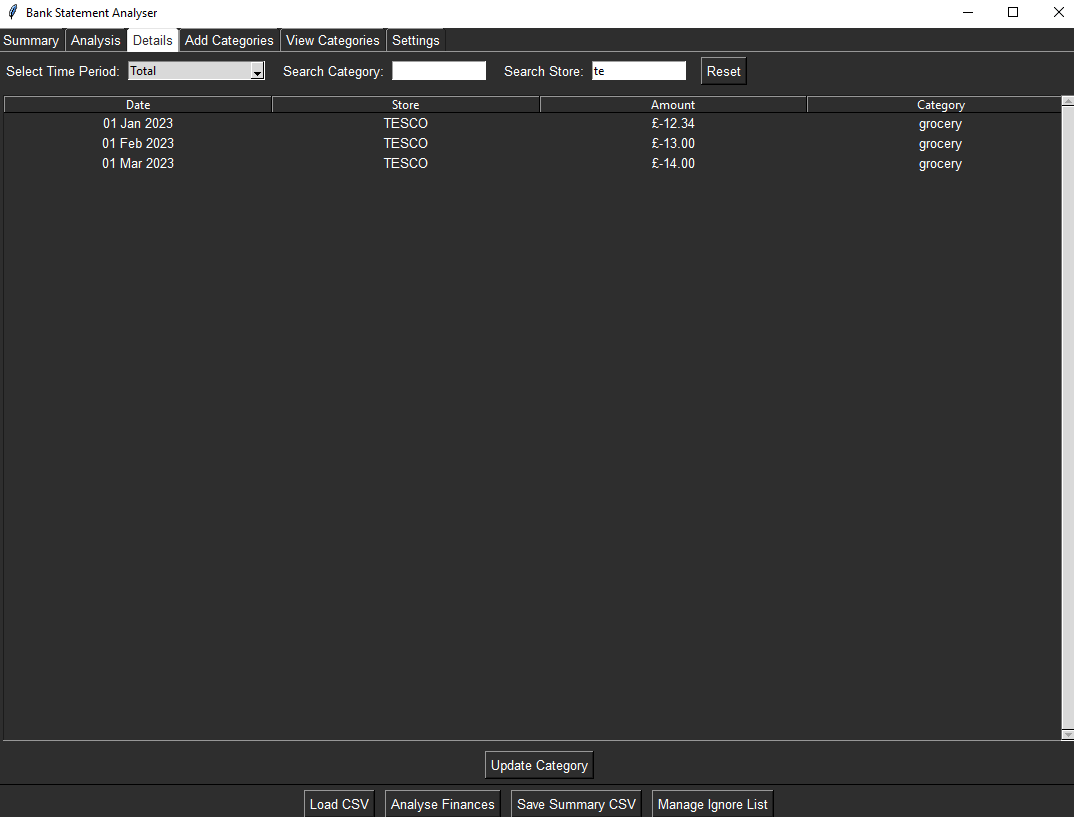 Bank Statement Analyser Details Page