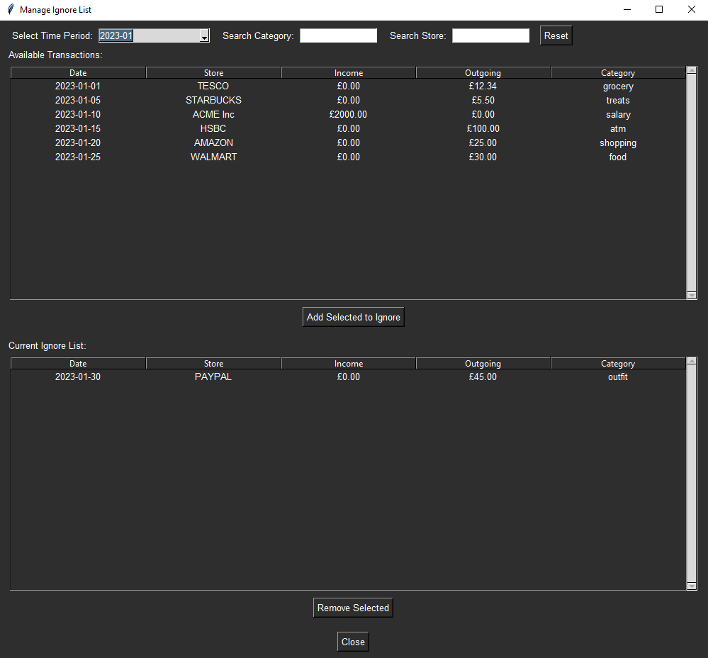 Bank Statement Analyser Ignore Window