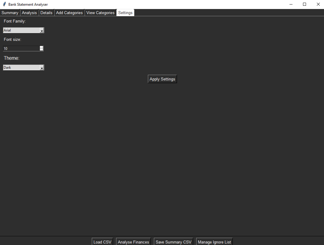 Bank Statement Analyser Settings Page