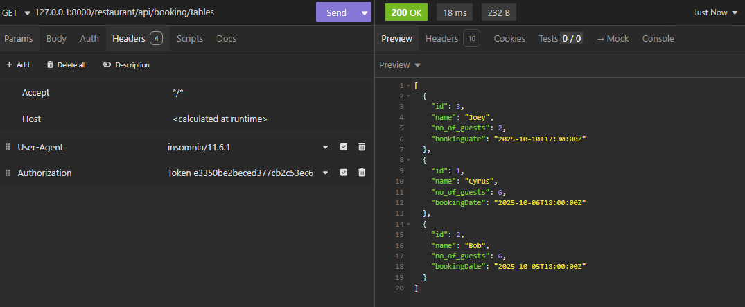 A 200 OK response in Insomnia, showing successful authentication and data retrieval using an auth token.