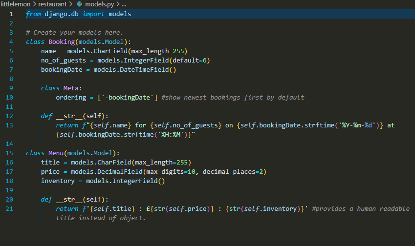 The models.py code demonstrating the database architecture using django framework.