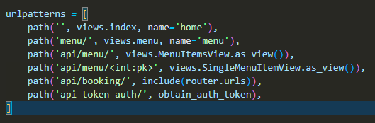 The urls.py file showing the list of API endpoints for the restaurant app.