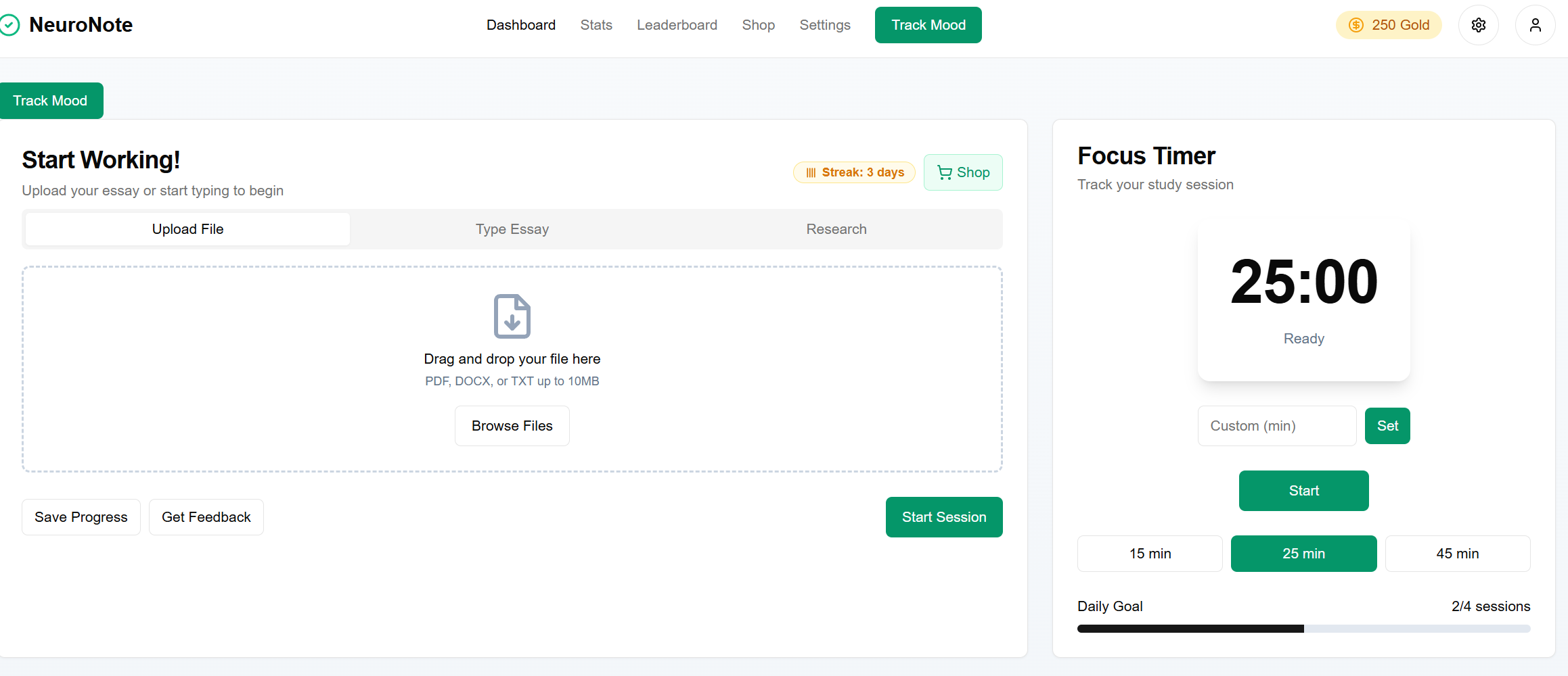 NeuroNote home screen